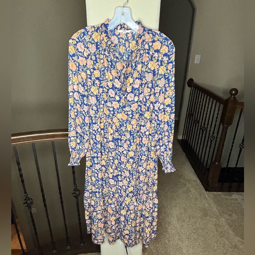 Levi's Floral Blue and Peach Midi Dress with Long Sleeves Size XS Spring Fall